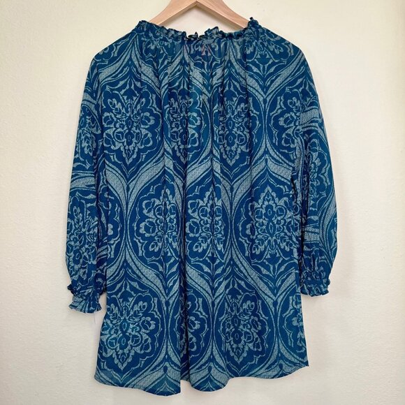 JOE FRESH Turquoise Blue Patterned Sheer 3/4 Sleeve Blouse Size Large - Picture 9 of 9